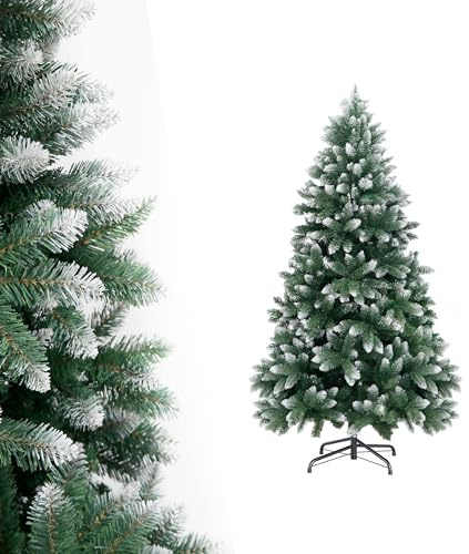 APICIZON 4.5ft Flocked Christmas Tree – Snow Tipped Artificial Xmas Tree with 650 Branch Tips, Realistic White & Green Look, Sturdy Metal Stand, Indoor Outdoor Christmas Decoration 1.5m