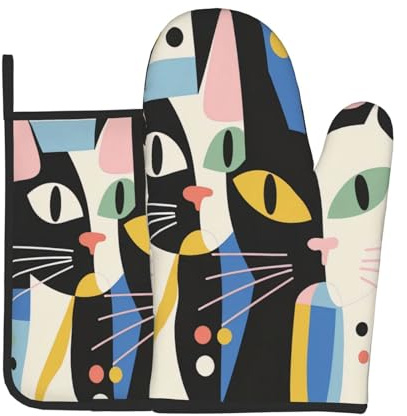 Ensemble de cuisine en forme de chat mignon - Gants de cuisine et maniques - Résistants à la chaleur jusqu'à 180 °C - Antidérapants et imperméables - Parfaits pour la cuisine, la pâtisserie, les