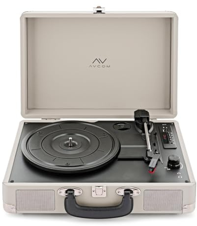 AVCOM Portable Bluetooth Suitcase Turntable with Speakers, Cream | Records vinyl, radio or AUX to USB/SD, Bluetooth and FM radio built in, suitcase design with carry handle
