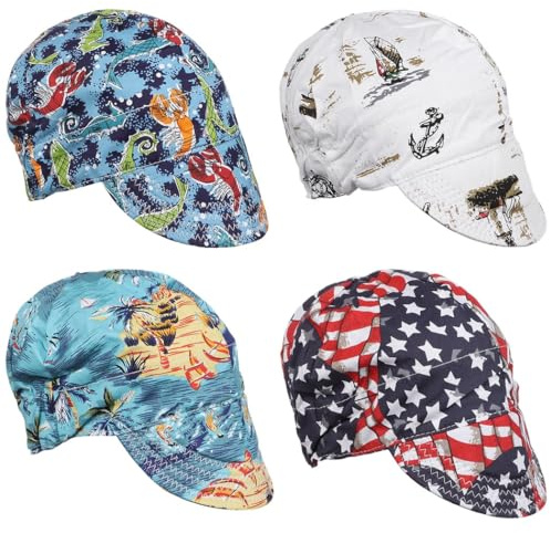 4Pcs Welding Caps, Cotton Welding Hats, Welders Caps with Sweat-absorbing Mesh Liner, Breathable Welding Hats with Elastic Ring for Welders Electricians Power Station Workers