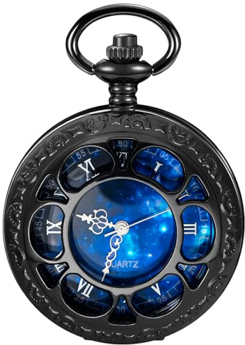 Tiong Montre de poche à quartz creuse Steampunk avec étoiles bleues et chiffres romains avec chaîne Cadeau de Noël, noir 1, Vintage
