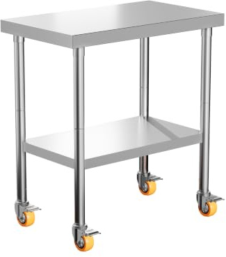 XMTECH Edelstahl Arbeitstisch 76×46×85 cm mit MDF, 300 kg belastbar, Küchentisch/Vorbereitungstisch/Profi-Tisch mit Rollen & verstellbarem Unterregal für Küche, Werkstatt, Restaurant, Bar