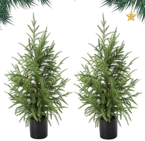 2PCS Artificial Potted Christmas Tree 60cm Norfolk Pine Tree for Xmas Tabletop Front Porch Indoor Outdoor Home Decor