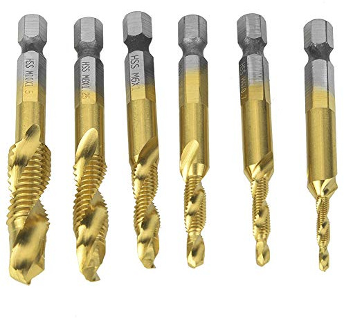 Set di punte da trapano per maschi con codolo esagonale in acciaio ad alta velocità per maschiatura morbida in metallo, alluminio, ferro M3 M4 M5 M6 M8 M10 (Metric titanium-plated gold 4341 6-piece