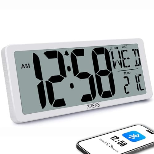 XREXS 13,4'' Große Digitale Wanduhr – Bluetooth Zeitsync, Mehrfunktionen, Batteriebetrieben, HD-Display, Kalender, Temperatur, Wecker, Timer – Ideal für Wohnzimmer, Küche, Fitnessstudio