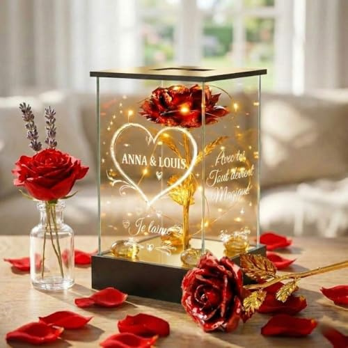 PersoDeco Rose Éternelle lumineuse Personnalisée – Veilleuse LED Romantique avec Gravure Prénoms – Idée Cadeau Femme Saint Valentin, Anniversaire & Mariage – Décoration Rose Rouge Doré