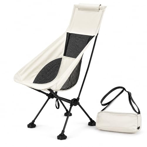 GOOGO Silla de Camping Plegable con Respaldo Alto, 80×41×87 cm, Silla de Exterior con guardado fácil, Bolsillo Lateral, para Playa, Pesca, jardín y reuniones (Blanco)
