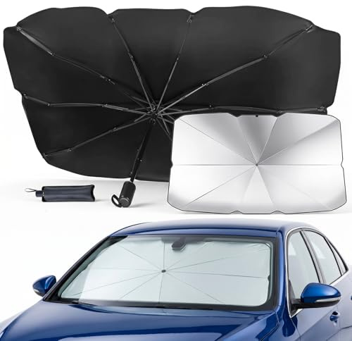 Parasol Delantero Coche para SUV y Camión, 140 x 80 cm, Protector Solar Plegable con Revestimiento de Titanio, Resistente a Rayos UV, Paraguas de Parabrisas Universal Ajustable
