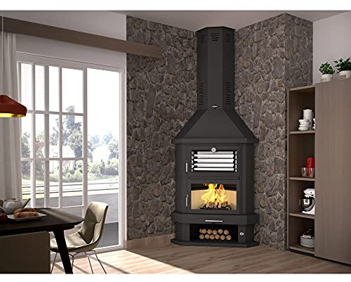 FM Chimenea metálica de leña rincón con leñero Horno Acero Inoxidable