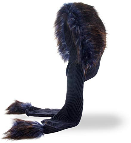 Futrzane Classic Kapuzenschal - Winter Schalmütze Damen - Mützenschal mit Fell (Marineblau - Marineblau mit Braun Classic)
