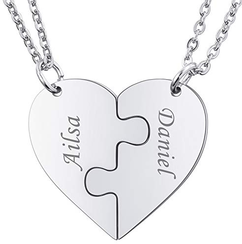 MeMeDIY Personalisierte Herz Anhänger Puzzle Halskette Name für Paare Männer Frauen Gravur für Freund Freundin Edelstahl Liebhaber Set Schmuck für Familie Liebe Freundschaft