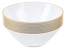 [6 OZ 20 Count] White Plastic Organic Party Dessert bowls ice cream bowl With Gold Rim Premium heavyweight Elegant Disposable Tableware Dishes