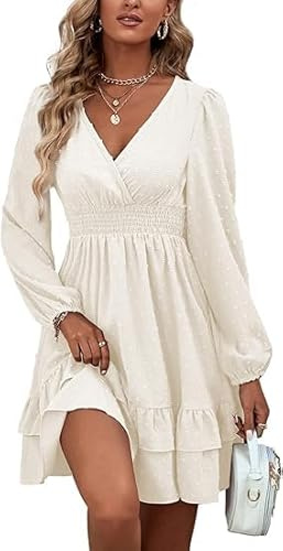 Vestido a Lunares Manga Larga para Mujer Vestido Corto Casual con Cuello en V Floral Vestidos Playa con Dobladillo con Volantes Y Cintura Elástica Blanco S
