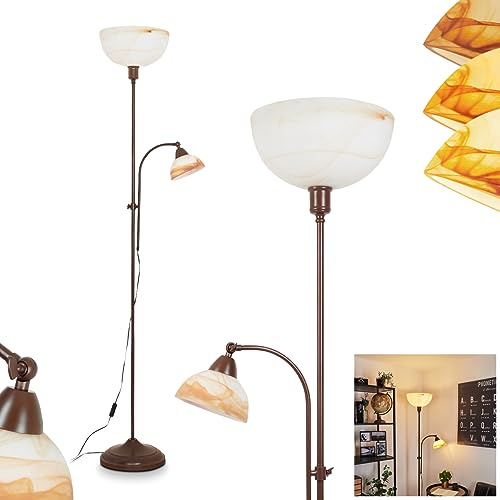 Stehleuchte Voleyrac, antike Bodenlampe aus Metall/Glas in Braun/Alabasterfarben/Weiß, Stehlampe mit Fußdimmer + An-/Ausschalter am Kabel, 1 x E27 + 1 x E14, ohne Leuchtmittel
