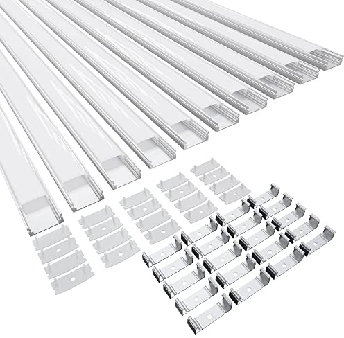 LED-Profil, 10 x 40CM Aluminiumprofil mit Milchiger PC Abdeckung, Endkappen und Montageklammer für LED-Streifen (10 PACK)
