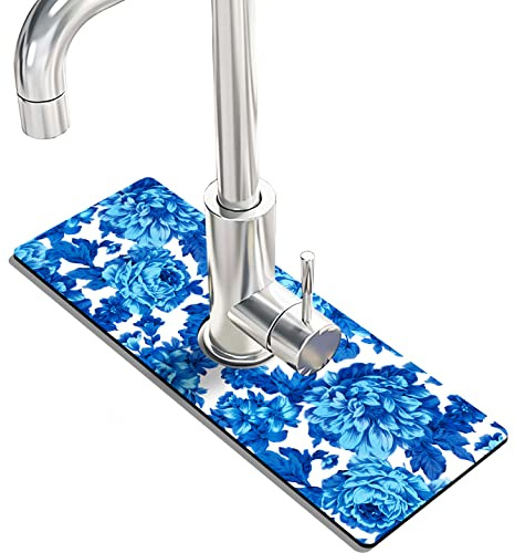 Kitchen Sink Splash Guard Faucet Mat Super Absorbent Fast Drying Mat Sink Gadgets Splash Guard Behind Faucet Drip Catcher for Kitchen (Blue Flowers, 15x5.5in)