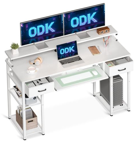 ODK Escritorio de Ordenador, 120x48cm Escritorio con 2 Cajones y Bandeja para Teclado, Escritorio de Oficina con Soporte para Monitor, Mesa de Escritorio con Estante Reversible para Oficina, Blanco