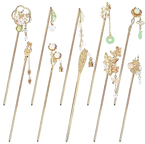 Cinaci 10 pièces perle or métal bâtonnets de cheveux épingles chinois Hanfu asiatique fleur papillon cheveux baguettes Hair Bun épingles à cheveux pour femmes filles