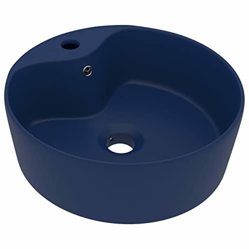 Tidyard Lavabo Rond en Céramique Lavabo de Luxe avec trop-Plein Vasque à Poser Bleu foncé Mat 36x13cm Céramique