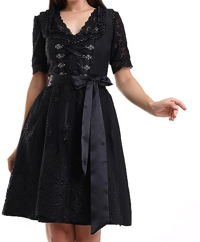 Lifos 0300 Dirndl Damen Midi 2 Teilig Trachtenkleid mit Schürze, Elegantes Dirndlkleid für Oktoberfest, Traditionelles Trachten Dirndl, Festkleid Damen Blau Grün Rot