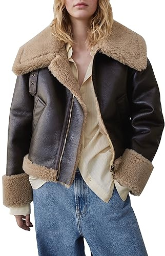 Vimyig Damen Jacke aus Kunstleder, Sherpa-Futter, warm, Lammfell, Biker-Mantel mit Taschen, Braun, Braun, M