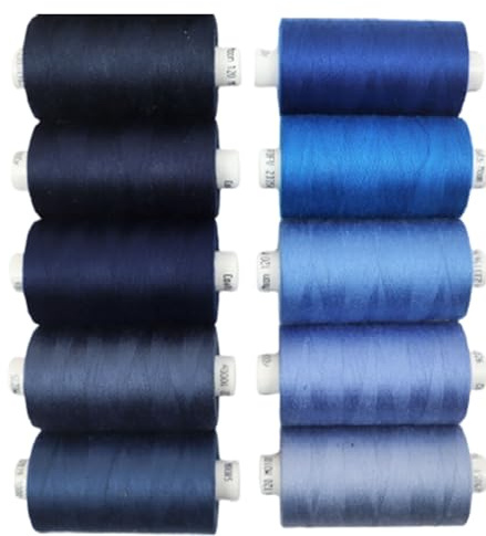 Coats Moon - Confezione da 10 rocchetti di filo da cucito assortiti, 10 rocchetti di filo in poliestere Moon per cucito/overlock 914 m, 120's (blu scuri)