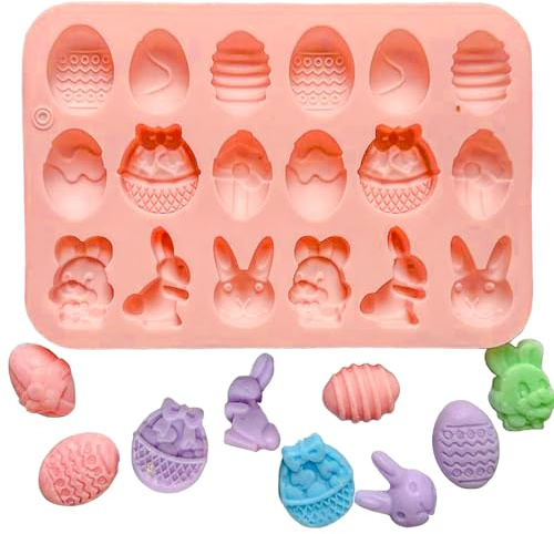 KEELYY 2 molde de silicona para chocolate de Pascua, con 18 huecos, conejo, cesta, molde de silicona para manualidades, chocolate, dulces, gelatina