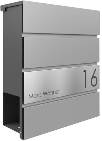 Briefkasten Manufaktur Design Briefkasten Kant Edition mit Zeitungsfach - Elegance 1 individuell mit Ihrem Namen & Hausnummer (RAL 9007 graualuminium)