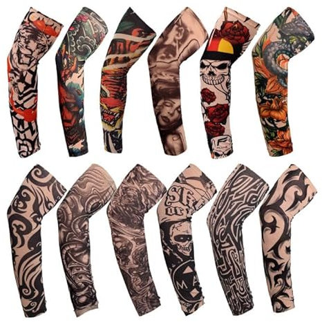 TSHAOUN 12 Stück Tattoo Ärmel Set Gefälschte Tattoo Ärmel Tattoo Armstrumpf für Männer Frauen Nylon Temporäre Tätowierung Tattoo Strumpf Arm für Karneval Fasching Party (12 Farben)