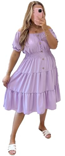Women’s Summer Dress Short Sleeve Off Shoulder Sundress Plain Long Casual Dress Chiffon Magic Beach Swing Italian Elastic Waist Tiered Basic Elegant Midi Dresses for Women Lilac