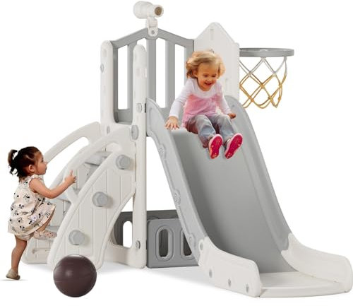 KORIMEFA 5 in 1 Kinderrutsche mit faltbarem Korb & Basketball, Kinder Fun-Slide Rutsche Gartenrutsche mit Stauraum, Indoor Outdoor Spielplatz Spielzeugrutsche für Kinder ab 1 Jahre Alt (Grau/Beige)
