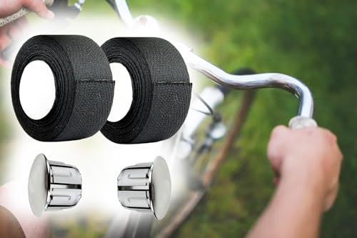 BISOMO 2X Lenkerband Rolle Tressostar Schwarz mit Lenkerstopfen, Textil-Lenkerband selbstklebend 100% Baumwolle, 20 x 280mm pro Rolle, MTB Fahrrad