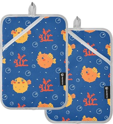 Lot de 2 grands maniques avec poches, gants de cuisine avec poches, motif poisson bouffant bleu, motif poissons rouges