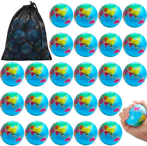 Cptoion 24 Stück Stressball Globus Klein, Antistressball Welt, 6,35 cm | Stressbälle, Weicher Globus Schaumstoff Stressball Spielzeug für Kinder Erwachsene Fingerübungen Schulparty-Geschenke