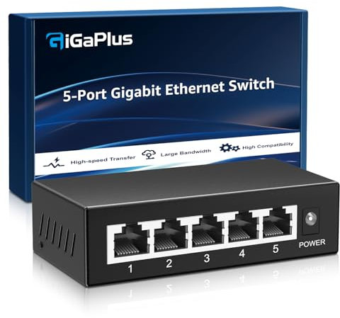 GiGaPlus Commutateur Gigabit Ethernet 5 Ports Non géré, répartiteur Ethernet réseau, Montage sur Bureau ou Mural, sans Ventilateur, Plug and Play, boîtier métallique, Mini Corps