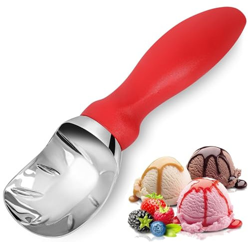 MIAOLLUN Ice Cream Scoop with Comfortable Grip Handle, Heavy Duty Stainless Steel, Perfect Shape Scoops, Premium Metal Kitchen Tool for Cookie Dough, Gelato, Sorbet, Melon,Red