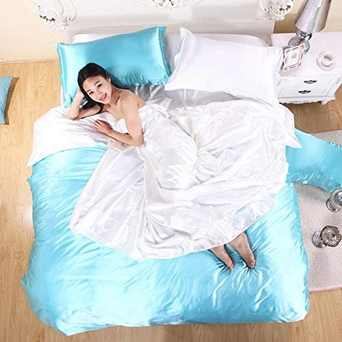 Luxuriöses Satin-Seiden-Bettwäsche-Set für Super-King-Size-Bett, Doppelbett, Blau und Weiß, weich und glatt, inklusive Bettbezug und Bettdecke, 5-teiliges Familiensuite-Heimtextil-Set