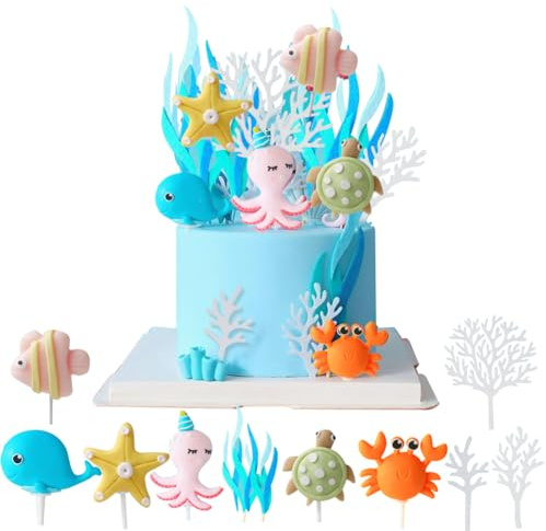 ZOOMPIL Decoración para Tartas de Mar, 11pcs Adorno para Tarta de Temática Océano, Animales Marinos Decoración, Estrella de Mar, Pulpo, Cangrejo, para Fiesta cumpleaños Infantil