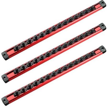 ACEBON Magnetisk Hylsorganiserare, 3-pack - Aluminiumställning för 1/4 Hylsor med 42 Röda Roterande Klammer - Verktygsorganisation för Garage & Verkstad