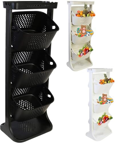 A406 Large New 3 Tier Fruit Vegetable Rack Kitchen Pantry Storage Rack kitchen Utility Garage Strong Plastic Kitchen Fruit Stand Shelf Stackable Baskets Food Veg Rack Shelf Living Room (Black-3 tier)