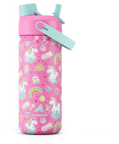 POWCAN Insulated Water Bottle with 2-in-1 Straw and Spout Lid, Keep Cold 24H, Leak-Proof, Fits in Car Cup Holder, Stainless Steel Water Bottle for Sports, School, 532 ml, Cute Unicorn