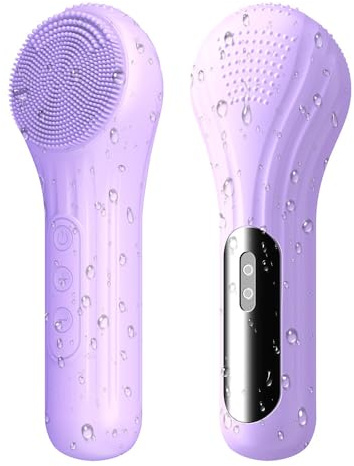 Facial Cleansing Brush, Silicone Face Scrubber with Heat and Vibration 5 Speeds, Waterproof Rechargeable Electric Face Scrub Brush for Men & Women, Deep Cleansing, Exfoliating and Massage (Purple)