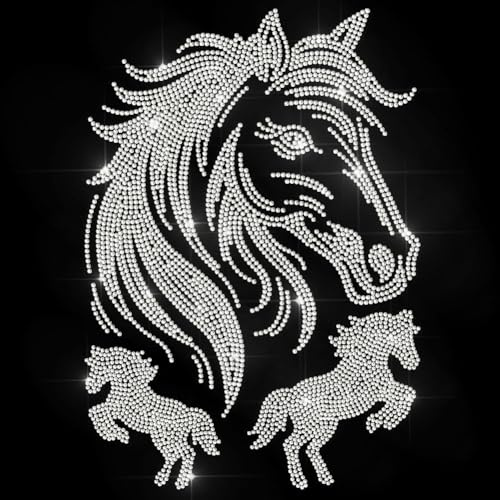 MAYJOYDIY Pferdekopf Strass Aufbügler Fohlen Pony Transfer Applikation | Mähne Hotfix Strass Transfers, Bauernhoftier Diamant Aufbügler, Für Hemden Taschen Hüte Jacken Jeans DIY Bastelarbeiten