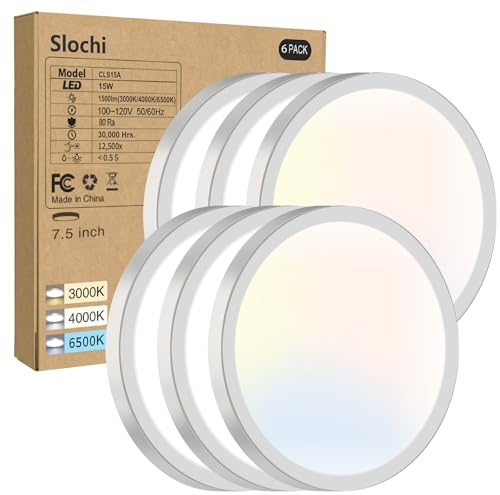 slochi 6Pack Flush Mount Ceiling Light, 7.5inch Super Slim 3000K-4000K-6500K Led Ceilings Light, Round White Ceiling Light Fixtures for Bedroom,Living Room,Kitchen,Bathroom,Hallway,Laundry