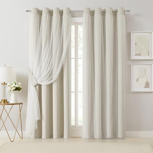 Bujasso Beige 80 % Verdunkelungsvorhänge mit durchscheinender Überlage, doppellagig, wärmeisoliert, für Wohnzimmer, Schlafzimmer, Vorhänge mit Raffhaltern, Ösen, 137,2 cm B x 228,6 cm L x 5 cm