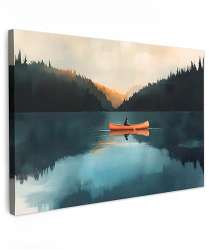 MuchoWow© Impression sur Toile Decoration Murale Peinture Tableaux | 120x80 cm - Decoratifs Muraux Déco Chambre Tableau Salon Forêts - Lac - Canoë - Orange