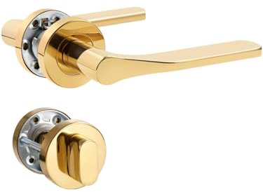 SORWDUERM Manija Pvd Oro Drücker guarnición, mate de acero inoxidable, manija de puerta exterior e interior, forma de L, roseta redonda, WC