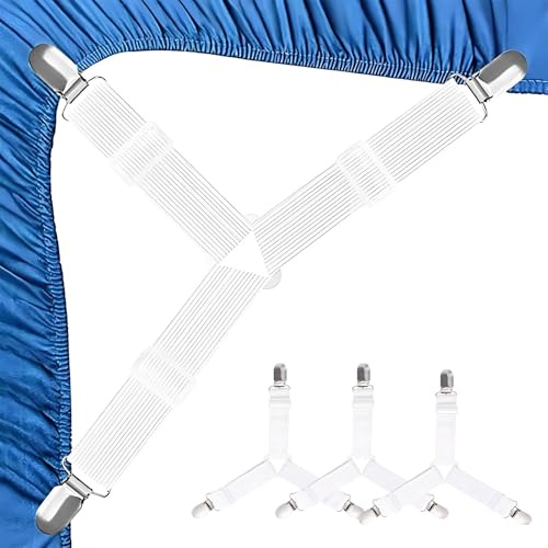 4PCS Tendeur Drap Housse,Blanches Aattache Drap Housse,Sangle Drap Housse,Accroche Drap Housse,Bloque Drap Housse,Élastiques Ajustables Sangle Drap Housse avec Pinces Métalliques pour Draps de lit.