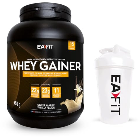 Whey gainer vanille 750g + shaker blanc avec mélangeur en acier - EAFIT marque française