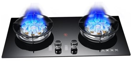 Gasherd Mit 2 Brennern, Gaskochfeld For Den Innenbereich, 5,2 KW 9-Hohlraum-Hochfeuerbratpfanne, Topfgestell Aus Gehärtetem Glass Aus Gusseisen, Mit Flammendurchschlagschutz(LPG)